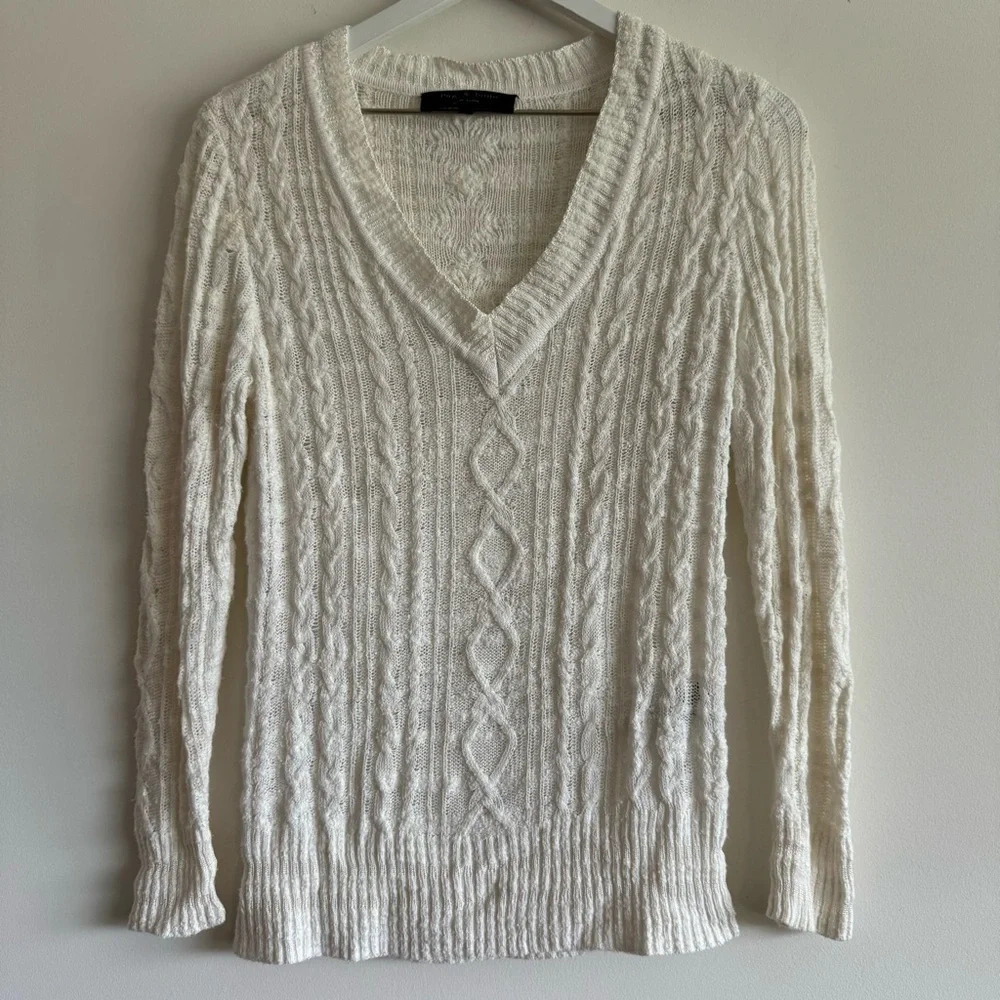 Rag & Bone white thin v-neck cable knit sweater size XS